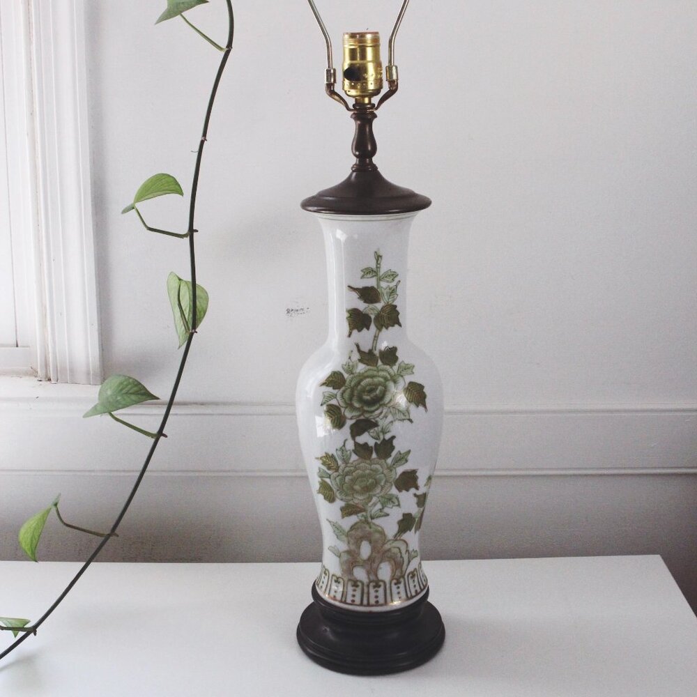 Vintage Porcelain Green Floral Table Lamp